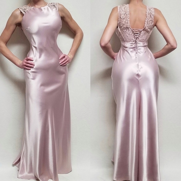 VINTAGE 90s 1001 Nights Blush Pink Satin Crochet Panel Lace-up Back Maxi Dress 6 - Picture 1 of 16